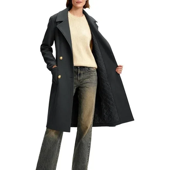 Women's Grey Winter Double-breasted Long Overcoat Classic Casual Trench Coat